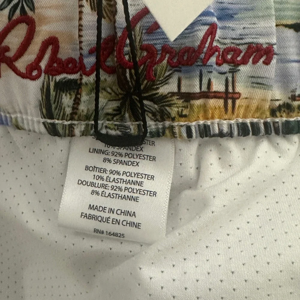Robert Graham Swim Trunks Mens XL White Tropical Scenic Print Regular Fit New
